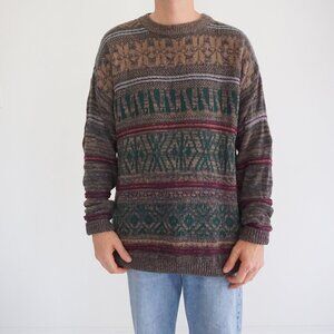 Vintage '90s American Eagle Sweater Brown Green Fair Isle Cabincore Cozy Large